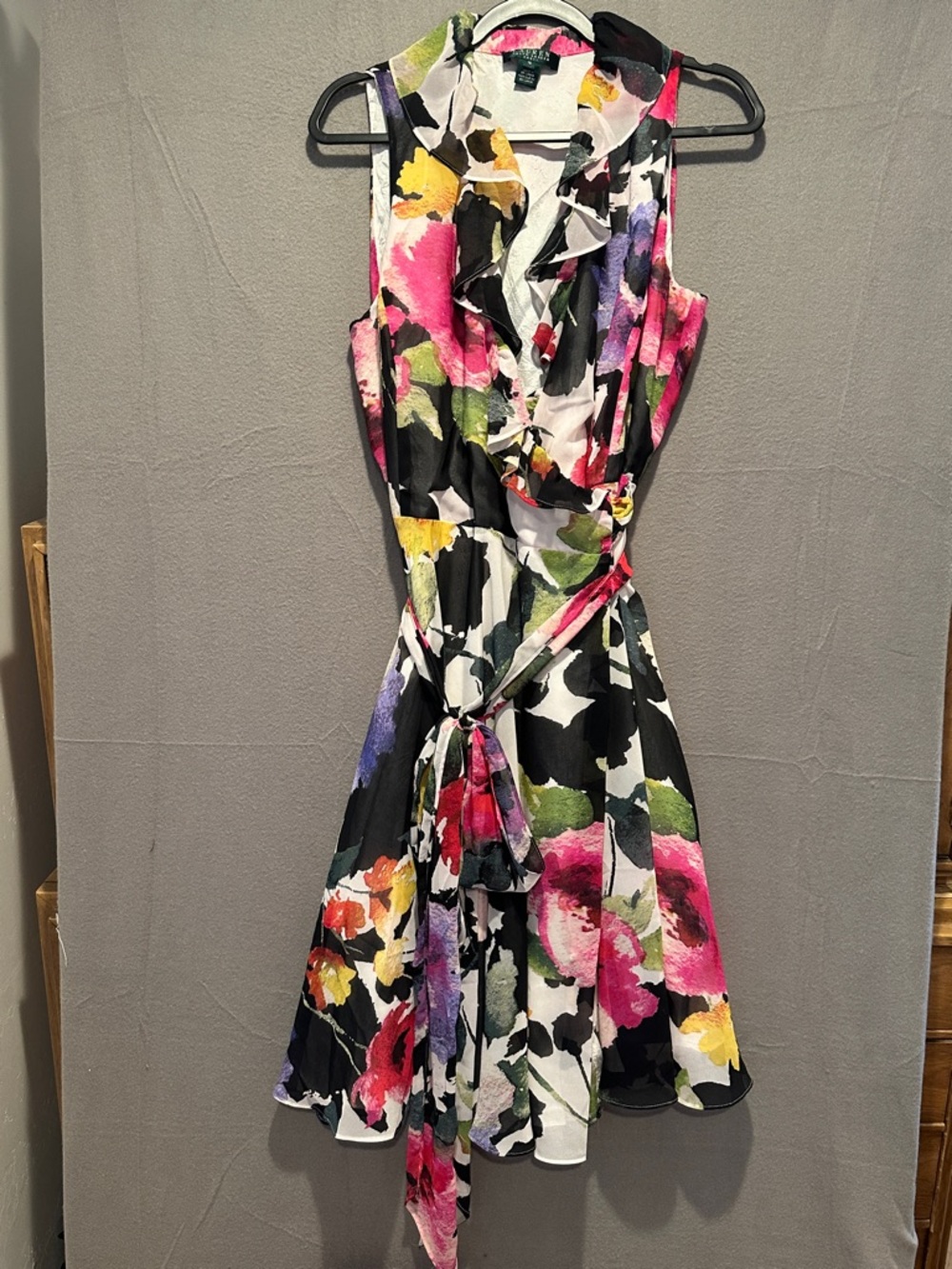 Ralph Lauren Black Floral Wrap Midi Dress with Pink, Yellow & Green